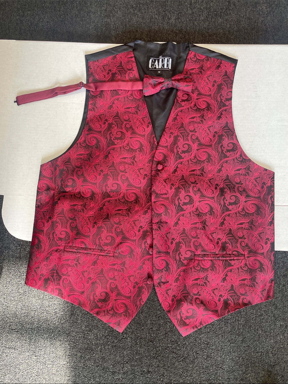 Cardi Men's Apple Red Paisley Tuxedo Vest with Matching Bow Tie